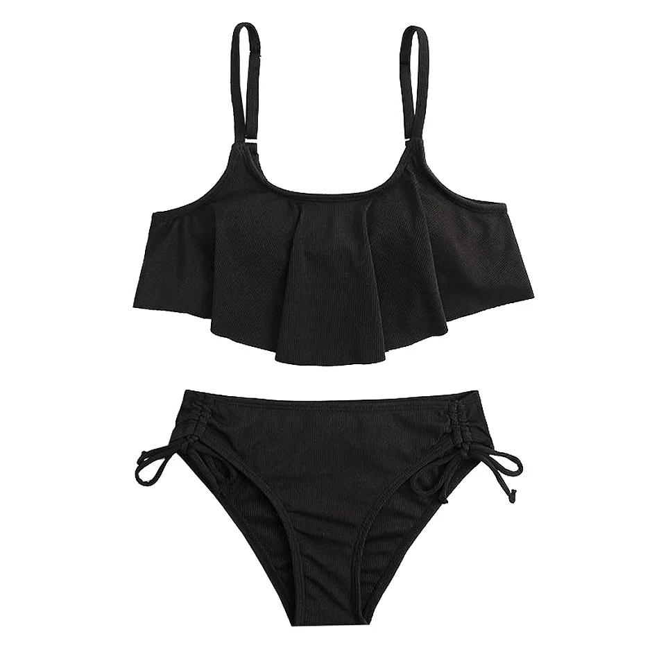 Solid Black Ribbed Girl Swimsuit Kids Flounce Two Piece Children's Swimwear Tie Side Bikini Set 7-14Years Bathing Suit Beachwear images - 6