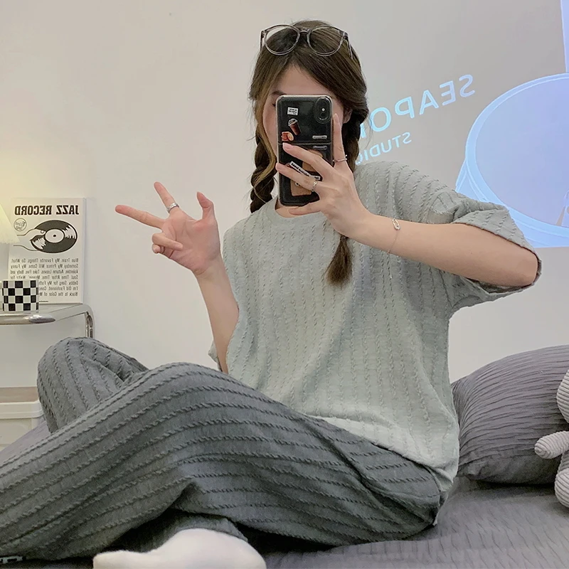 

Summer pajamas women's short-sleeved trousers Korean version Jacquard wrinkled loose simple thin casual spring home clothes