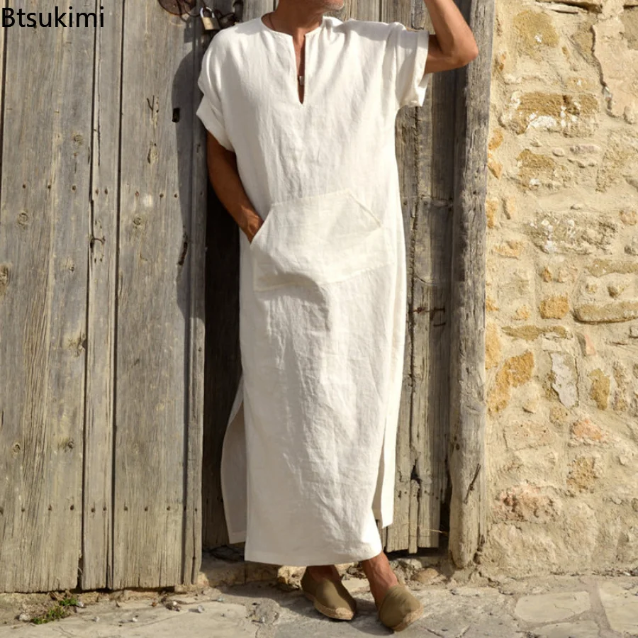 New2023 Men Robes Kaftan Muslim Arab Islamic V-neck Short Sleeve Solid CottonThobe Vintage Loungewear Plus Size Arabia Man abaya