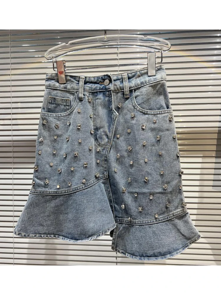 

HIGH STREET New Fashion 2022 Designer Skirt Women's Asymmetrical Diamonds Beaded Denim Mermaid Skirt