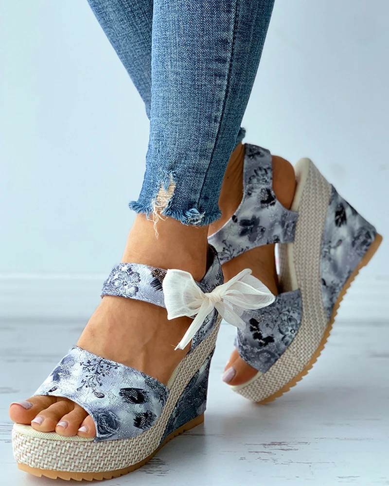 Women Fashion Summer Casual Daily Wear Shoes Floral Pattern Print Bowknot Decor Espadrille Wedge Sandals
