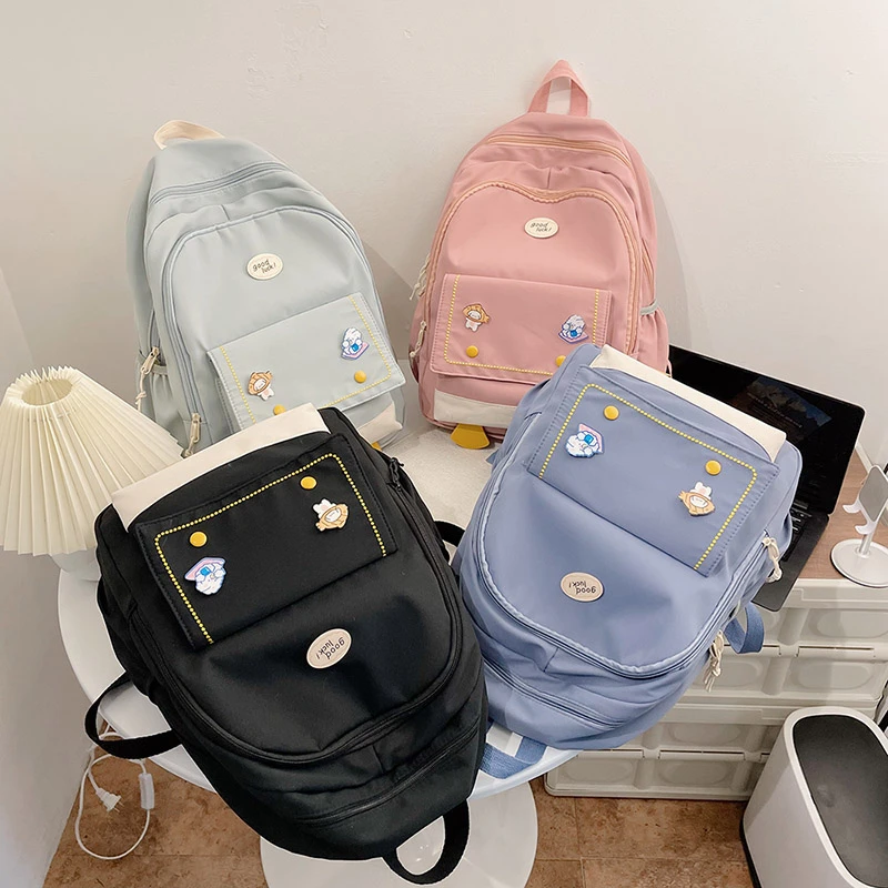 

Women Nylon Cute Backpack Bear Female Student College School Bag Badge Girl Doll Backpack Kawaii Book Ladies Fashion Bags Trendy