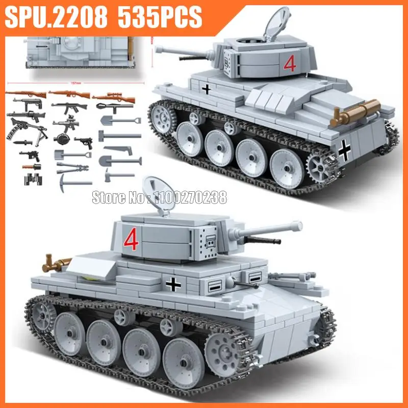 

100082 535pcs Ww2 Military Lt-38 German Light Tank 2 Soldiers Weapon World War Ii Army Boy Building Blocks Toy Children