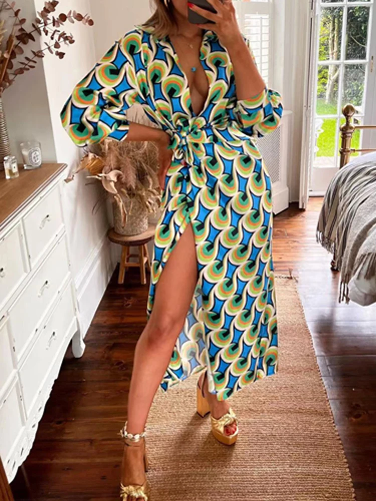 

Fashion 2022 Sexy Deep V Neck Slit Boho Beach Dress Women Spring Autumn Long Sleeve Lapel Lace-up Dress Lady Casual Loose Dress