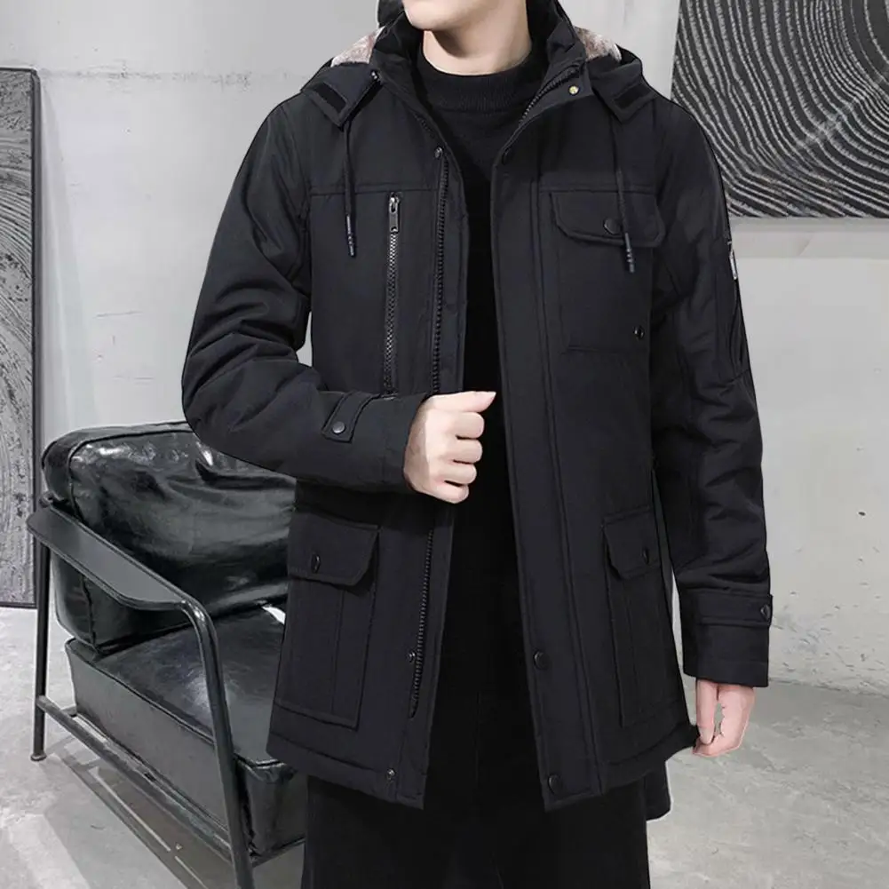 Winter Men Jacket Thicken Cotton Padded Long Sleeve Solid Color Plus Size Coat Loose Windproof Hooded Outwear Streetwear