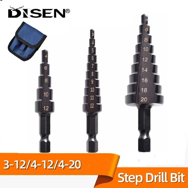 

HSS Straight Groove Step Drill Bit 3-12mm 4-12mm 4-20mm Nitride Black Hex Shank Wood Metal Hole Cutter Core Drilling Tools Set