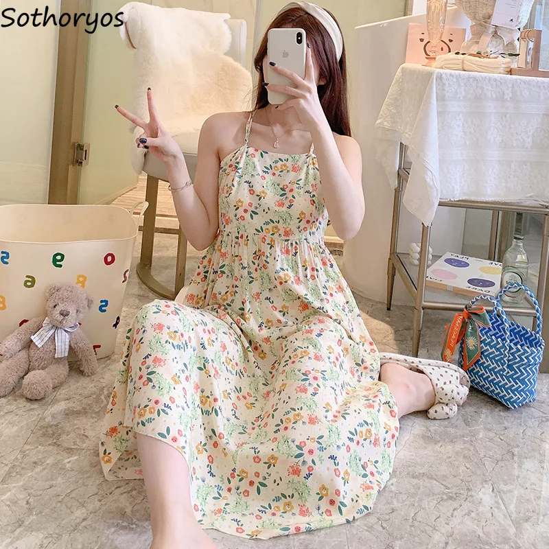 

Nightgowns Women Folds Casual Loose Summer Midi Design Fashion Sleeveless Sleepwear Ulzzang Ladies Breathable Floral Backless