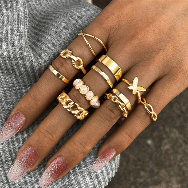 

VAGZEB 10Pcs/Set Bohemian Geometric Metal Ring Set Women's Vintage Gold Color Pearl Butterfly Finger Knuckle Ring Jewelry Gift