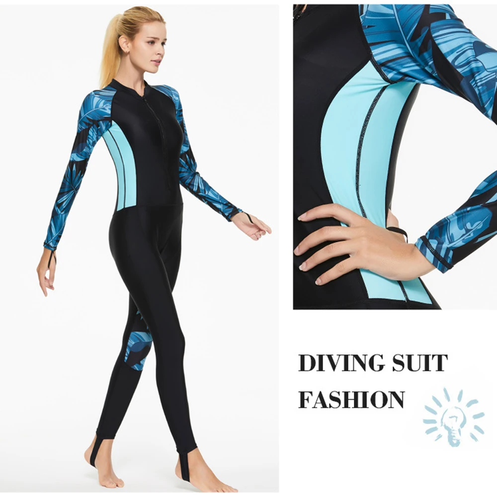 Fashion Women's One Piece Long Sleeve Front Zipper Swimming Surf Suit Sunscreen Quick Dry Water Sports Beach Sailing Surf Suit
