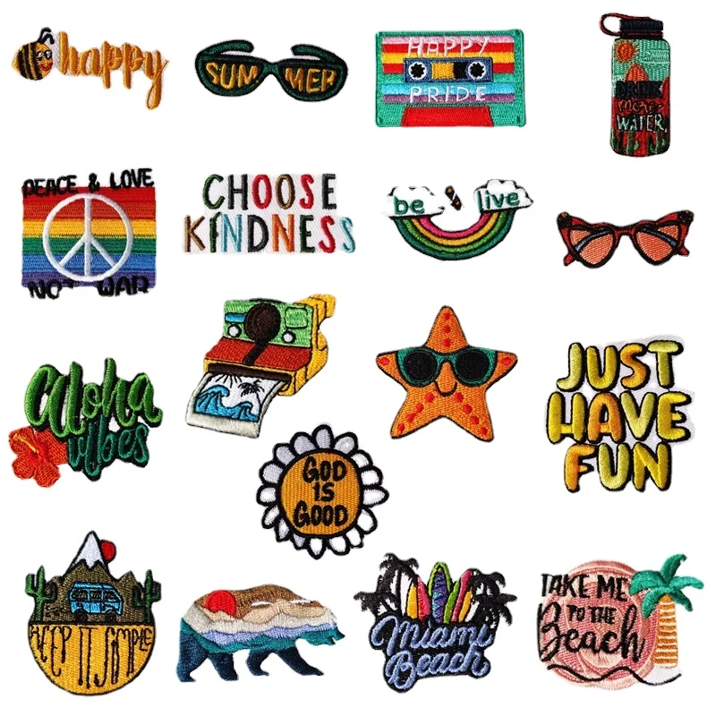 

50pcs/Lot Luxury Fun Embroidery Patch Camera Tape Beach Rainbow Scenery Caterpillar Clothing Decoration Accessory Craft Applique