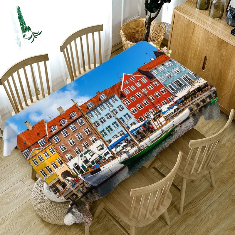 

3D Colorful Town Pattern Tablecloth Waterproof Cloth Rectangular Wedding Dinning Coffee Table Cover Kitchen Home Mantel Mesa