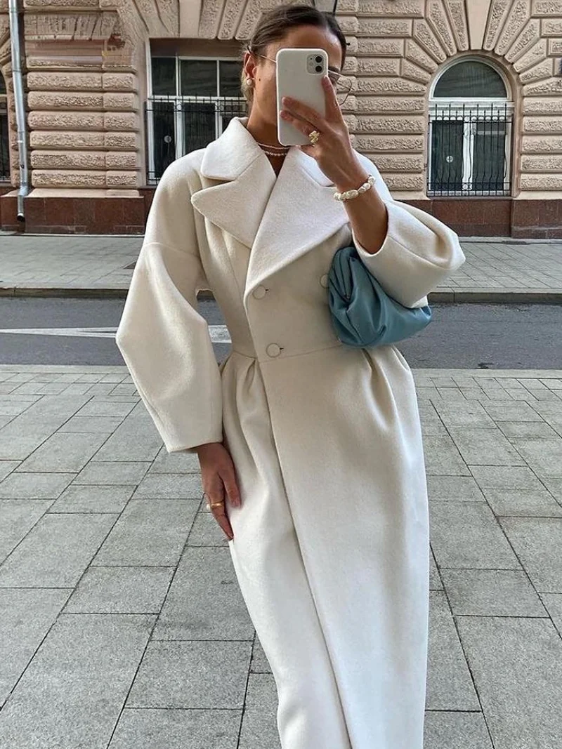 

Autumn Women Woolen Coat Lapel Double-Breasted Office Lady Lantern Sleeve Long Jackets Windbreaker Thick Streetwear Female Coats