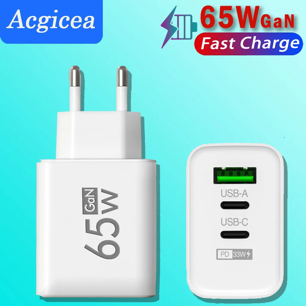 

65W GaN USB Charger Fast Charging Adapter Dual Type C PD Quick Charger for iPhone Xiaomi 13 Huawei Sumsung Mobile Phone Chargers