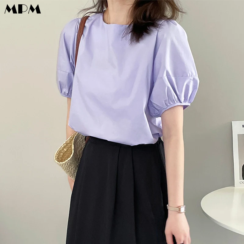 Elegant Women's Solid Puff Sleeve Top Loose Fashion O-Neck Short Sleeve Blouse Casual Simple Ladies Tops 2022 Summer New