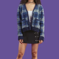 harajuku lazy style ladies v neck button fuzzy plaid cardigan vintage mohair sweater women knitted cardigans fluffy knitwear top