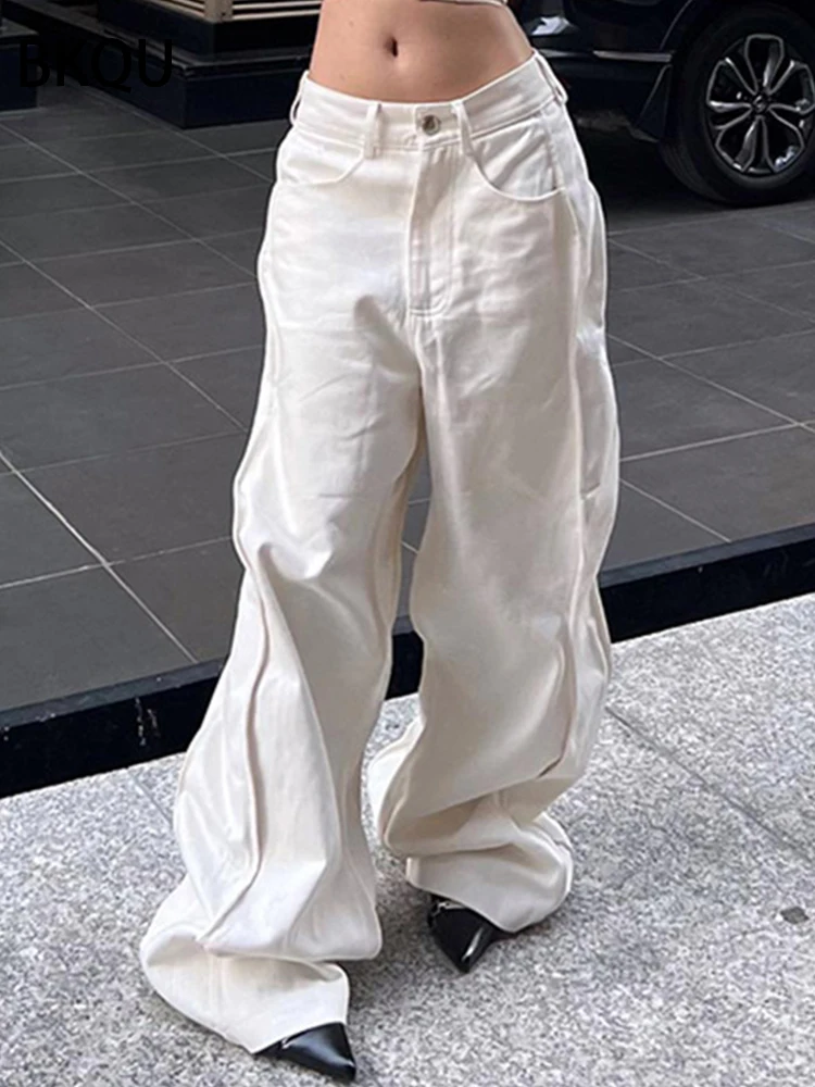 BKQU Women Jeans Low Waisted Wide Leg Pants Oversized 2023 Y2K Aesthetics Solid Loose Patchwork Denim Trousers Female Streetwear