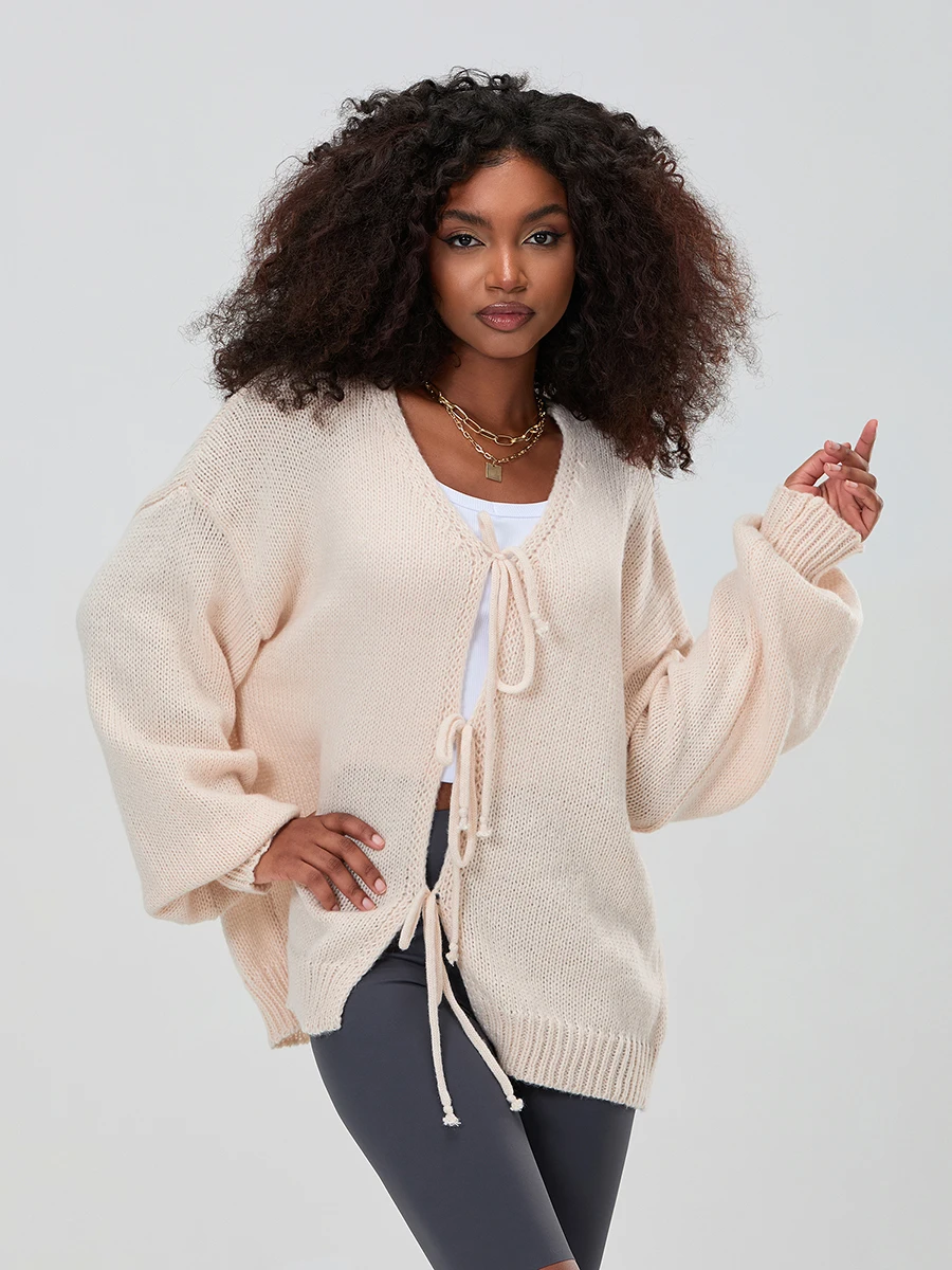 Женский осенний свитер с завязками спереди однотонный свободный трикотажный