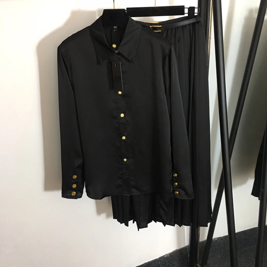 

2022 summer top brand fashion simple Hepburn style tops high waist loose button pleated skirt suit women clothes set