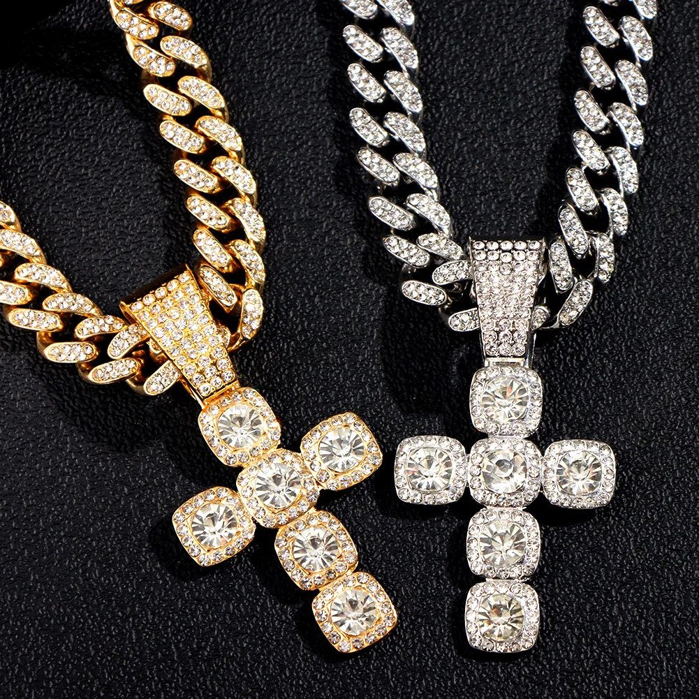 

Iced Out Crystal Cross Miami Cuban Link Chain Necklace For Women Men Luxury Square Rhinestone Cross Choker Necklace Punk Jewelry