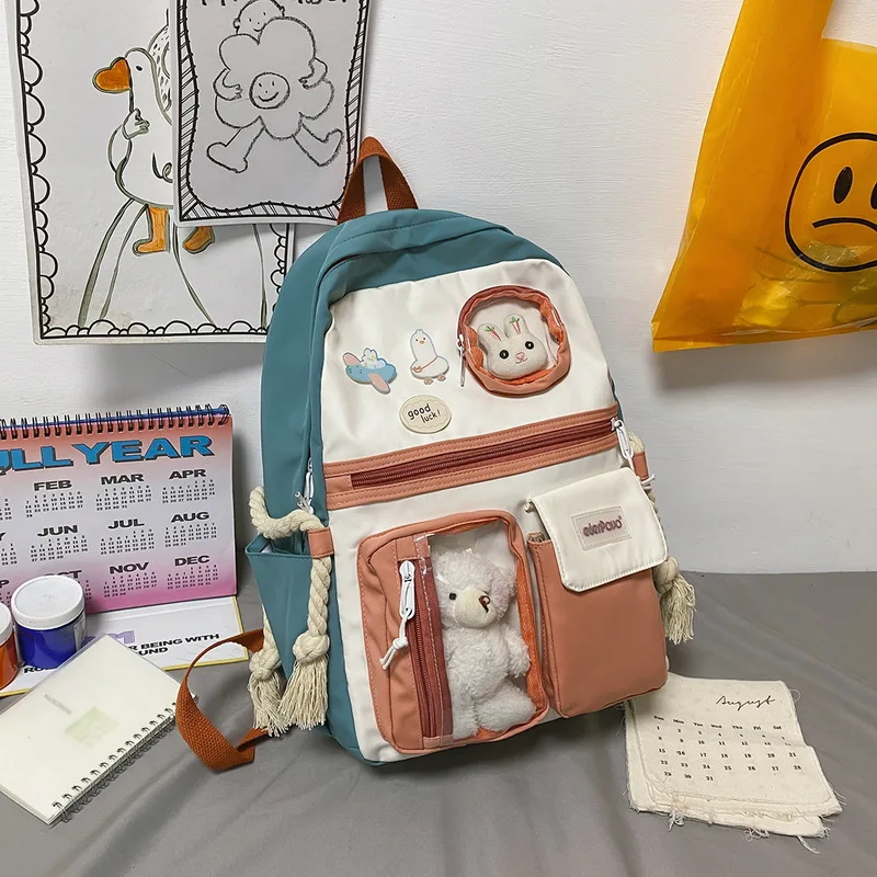 

Woman Kawaii Buckle Backpack Candy Color Teenage Girl Schoolbag College School Backpacks Patchwork Nylon Waterproof Bookbags