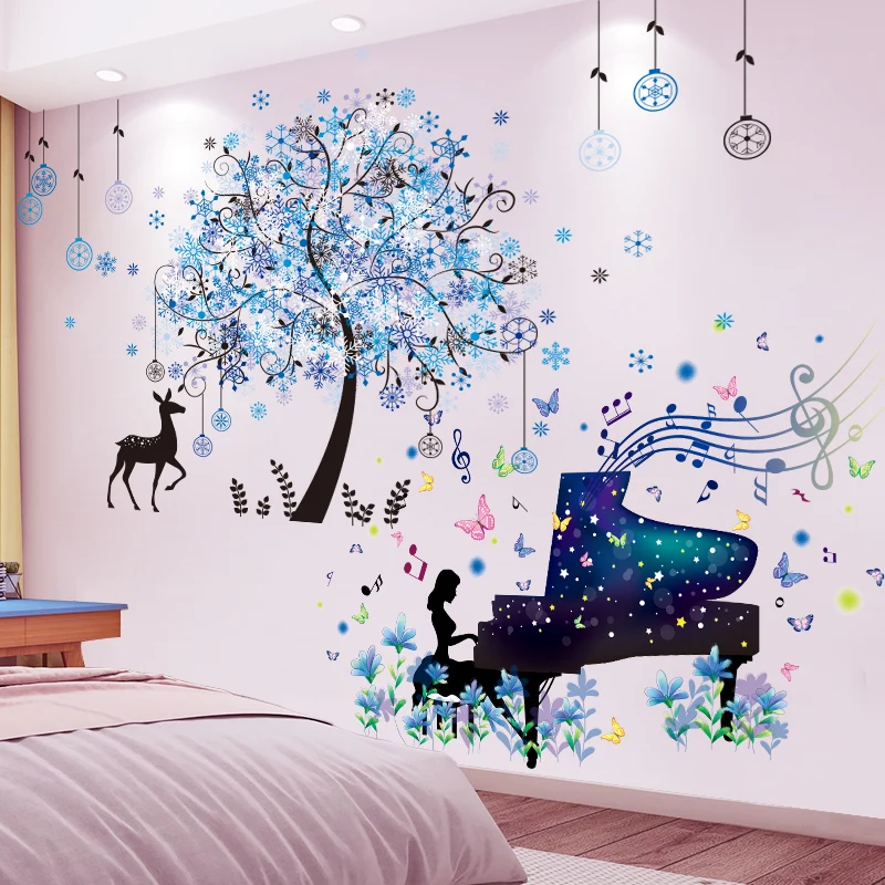 

Piano Girl Wall Stickers DIY Snowflakes Tree Deer Wall Decals for Kids Rooms Baby Bedroom Children Nursery Home Decoration