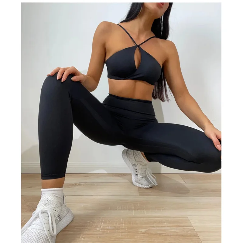 Комплект для йоги спортивный женский костюм спортзала бесшовные леггинсы с