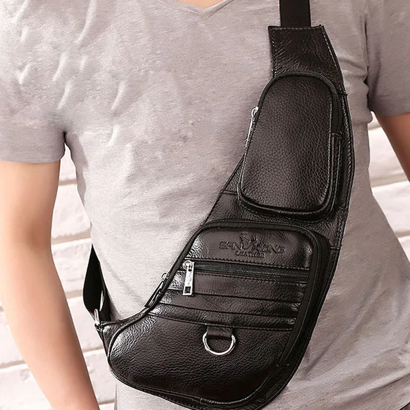 

Studded Famous Leather Travel Cowhide Retro Genuine Day Chest Sling New Brand Men Pack Shoulder Messenger Bag