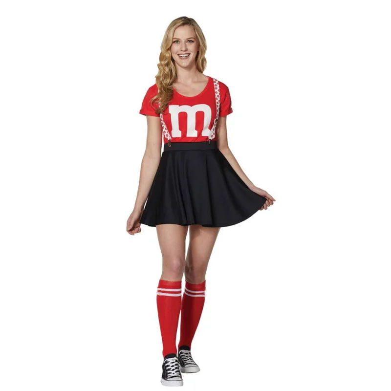 Фото Женский костюм M&M для взрослых, командные костюмы на Хэллоуин, женская футболка, черная юбка, комплект чулок для забавной вечеринки №2