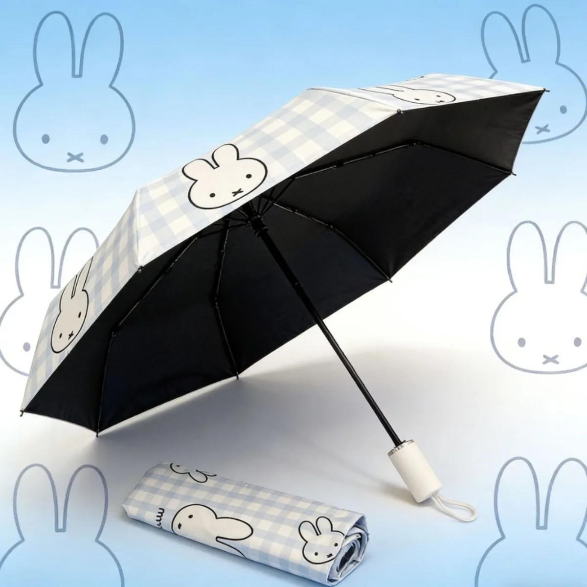 Фото Автоматический зонт Kawaii Miffy Miffy Rabbit для защиты от дождя и солнца, черный виниловый зонт с защитой от солнца, складной зонт от солнца №5