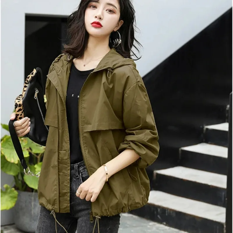 

Новинка весна-осень 2023, женские куртки, корейские короткие топы, ветровка с капюшоном, универсальный свободный однотонный Тренч, пальто, женская верхняя одежда