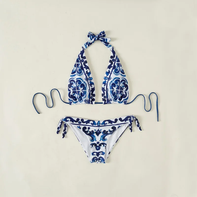 

Роскошный брендовый комплект бикини с сине-белым керамическим принтом, женский пляжный купальник, сексуальный раздельный купальник из двух частей, летняя пляжная одежда для купания