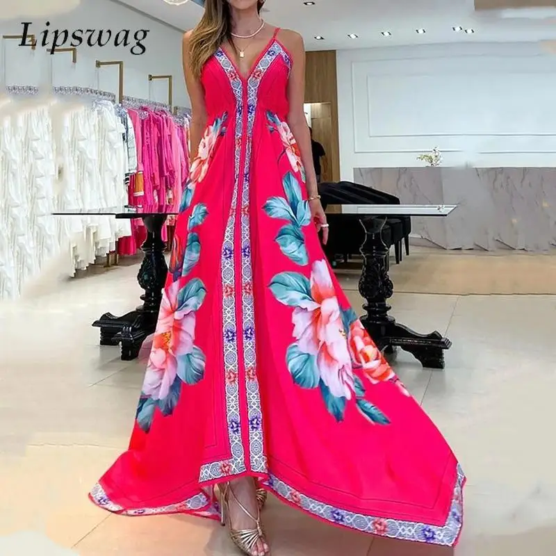 

Богемное женское длинное платье с принтом, летнее платье на бретельках с V-образным вырезом, талией и широким подолом, повседневные женские ...