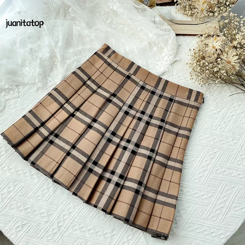 

Новая юбка в полоску, юбка в Корейском стиле, осенняя плиссированная юбка с завышенной талией, трапециевидная клетчатая мини-юбка в студенч...