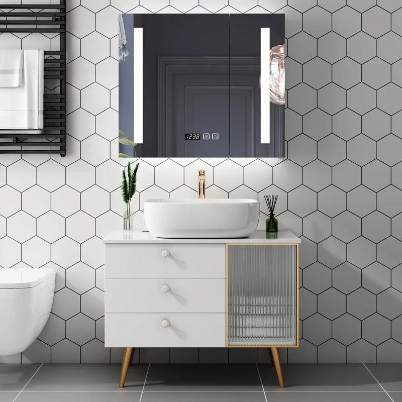 

Customized Simple Light Luxury Bathroom White Bathroom Cabinet Set Smart Bathroom Mirror Marble Countertop Washbasin