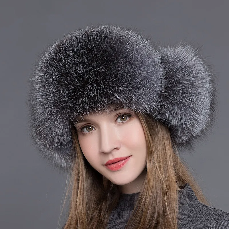 

GOURS Winter Real Fur Hat Women Black Natural Raccoon Fox Fur Russian Ushanka Hats Thick Warm Ears Fashion Bomber Cap New GLH009