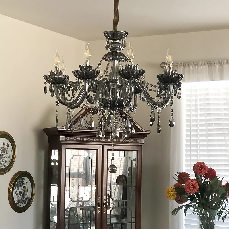 Дешево Хрустальная люстра для гостиной, Подвесная лампа для спальни, столовой, черный, дымчатый, серый, прозрачный белый светильник для вестибюля Скидка Хрустальная люстра для гостиной, Подвесная лампа для спальни, столовой, черный, дымчатый, серый, прозрачный белый светильник для вестибюля