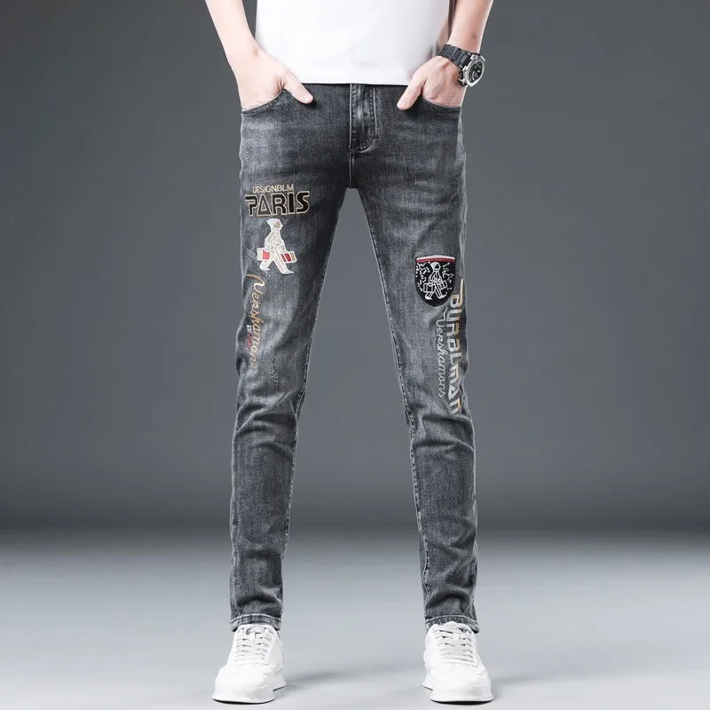 Summer Bull Embroidered Jeans Men European Station Thin Smoke Grey Slim Fit Small Foot Stomach Denim Pants High End Cotton Dress