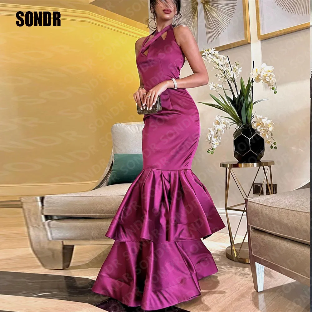

SONDR Modern Dark Purple Halter Prom Dresses Mermaid Satin Tiered Evening Gowns Dress Vestidos 2023 Saudi Arabia Formal Event