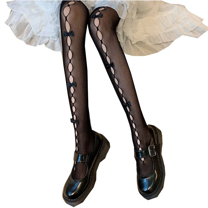 Japanese Lolita Kawaii Women Stockings Hollow Out Hole Fishnet Pantyhose Sweet Handmade Bowknot socks Stretch Tights Stockings