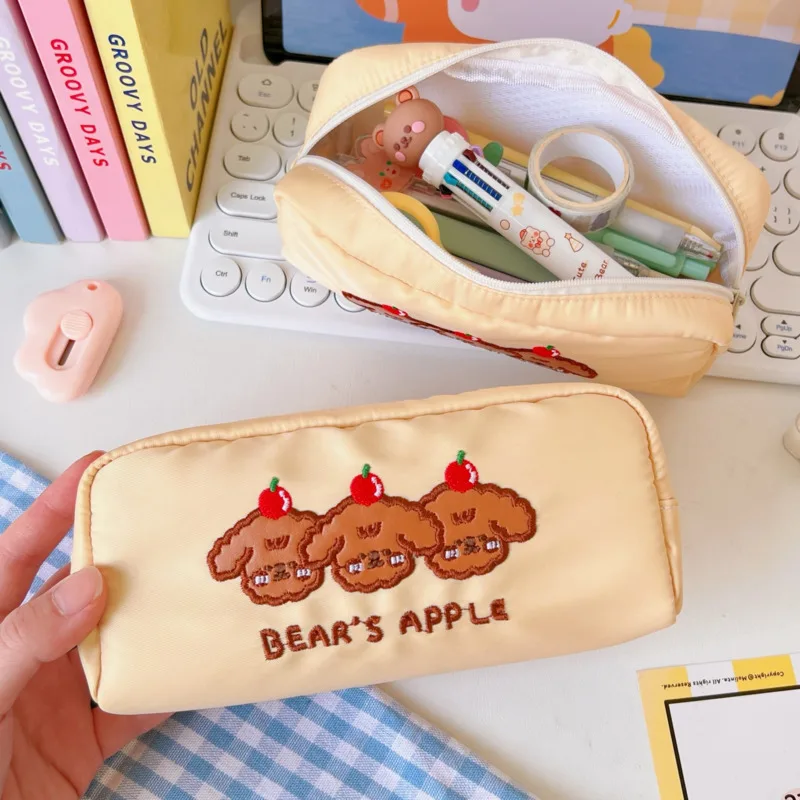 

Ins Cartoon Cute Bear's Apple Pencil Case Cream Colored Large Capacity Student Stationery Pen Bag Girl Kawaii School Supplies