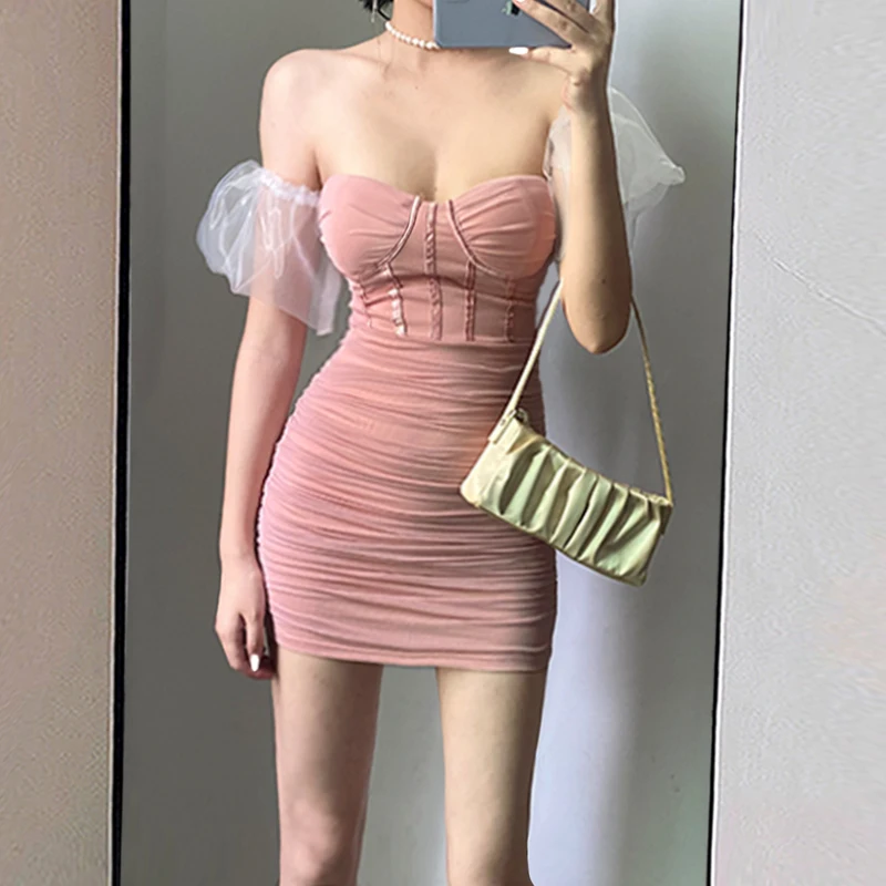 

Sexy Pink Mini Dress New Summer Fashion Off Shoulder Tight-fitting Pleated Bodycon Corset Dress Sweet Girls Birthday Party Dress