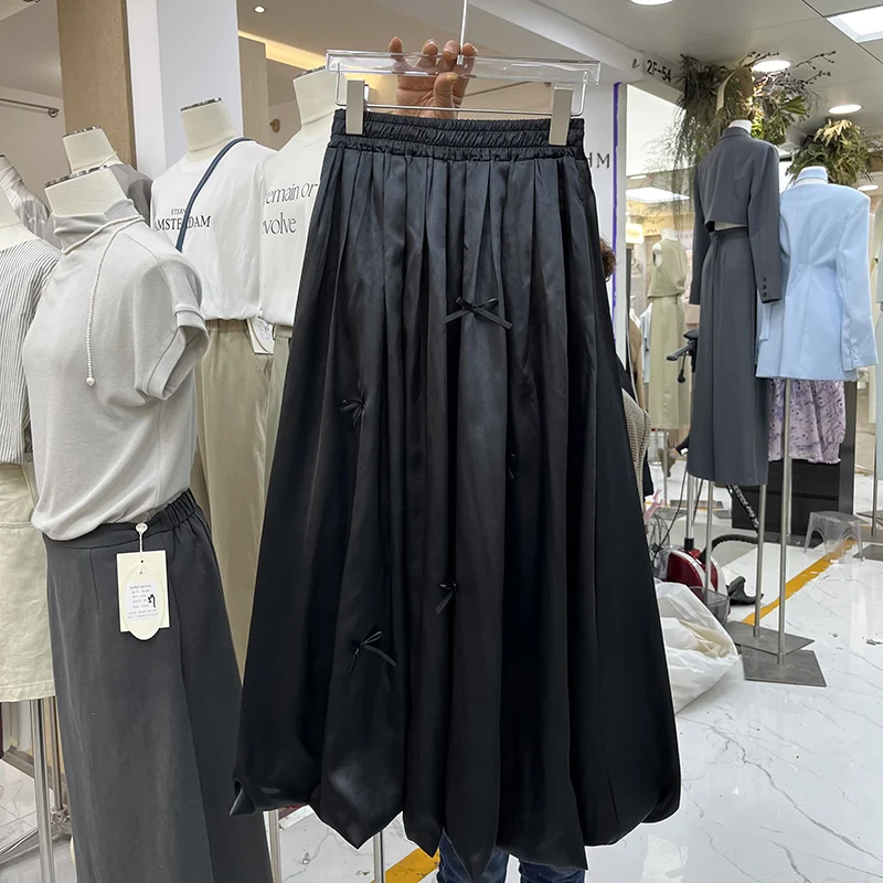 Юбка женская трапециевидная плиссированная с бантом и цветами