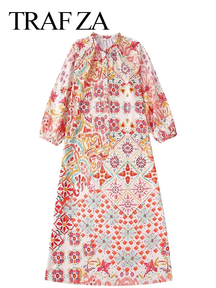 

TRAF ZA Retro Casual Round Neck 3/4 Sleeve Women's Dress Color Totem Print Six Button Pullover Straight Loose Lady Dress New