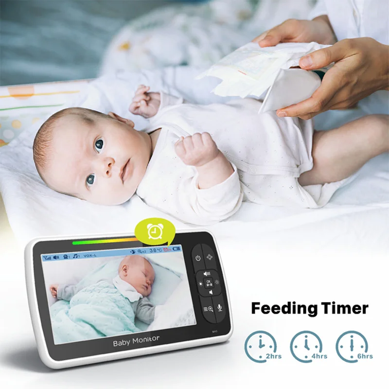 5-Inch Baby Monitor Two-way Voice Intercom Auto Infrared Night Vision Feeding Timer Remote Pan&Tilt Zoom In/Out Plug and Play enlarge