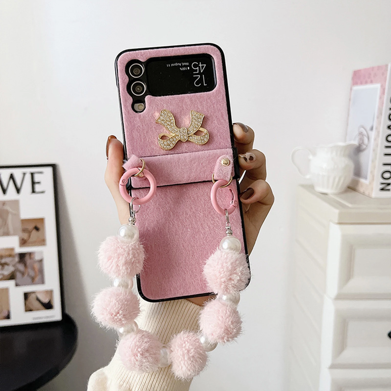

For Samsung Galaxy Z Flip 3 4 5G Matte Plush Case Protective Cute Bow Back Case with Wrist Strap for Women Thin Slim Cover 2022