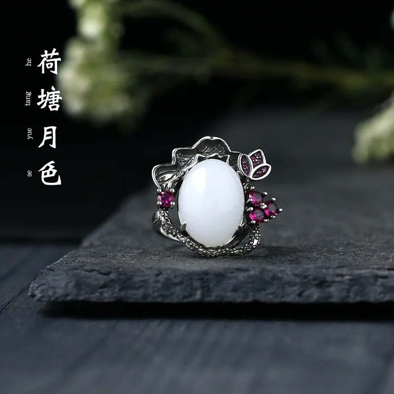 

Stainless Steel Vintage Antique Inlaid Imitation Hotan Jade Egg Face Ring Thai Silver Ethnic Lady Lotus Blossom Opening Ring