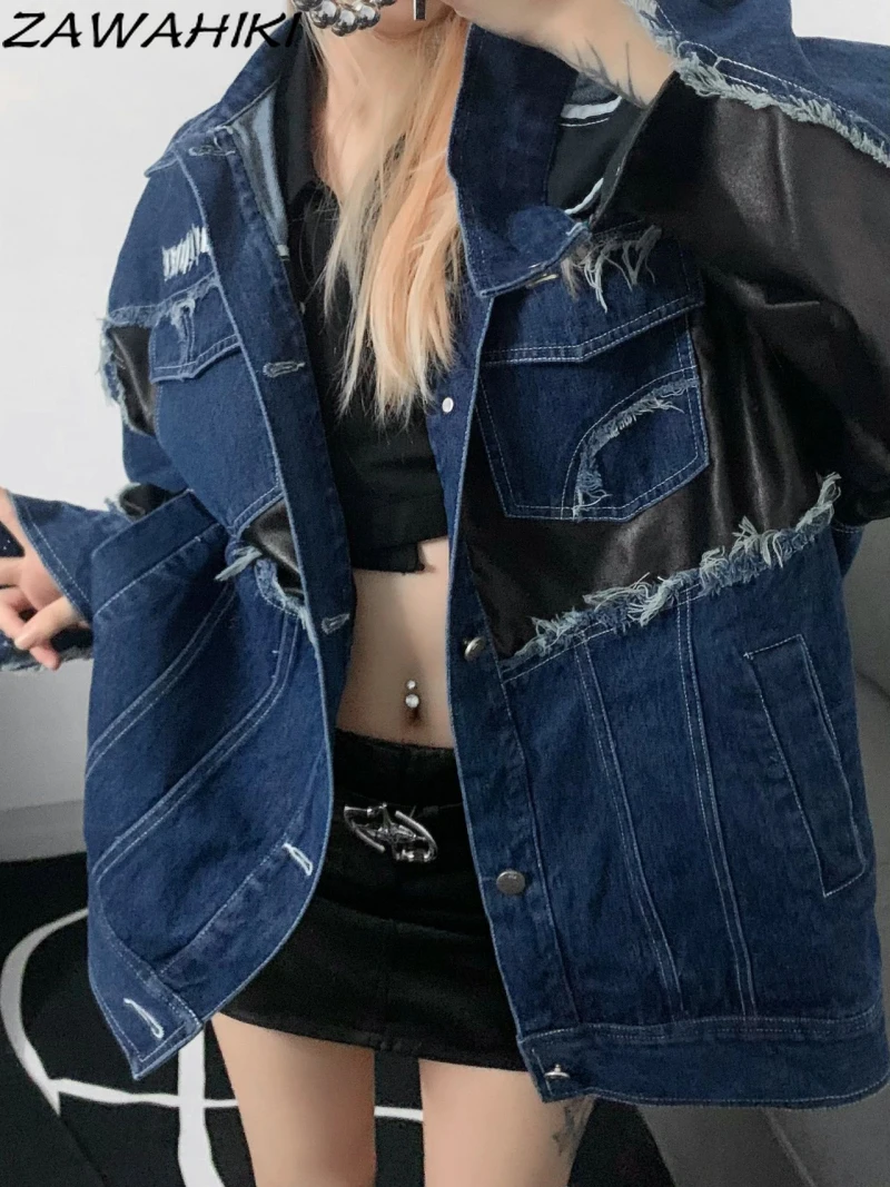 

Spring Autumn New Fashion American Retro Chic Designed Denim Jackets Patchwork Contrast Color Lovers Long Sleeve Casual Overcoat
