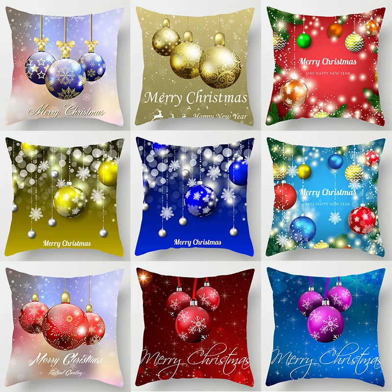 

Different Color Christmas Ball Pillow Cases Short Plush Thick Double Sides Printed Pillow Covers Sofa Decoration Cushion Covers