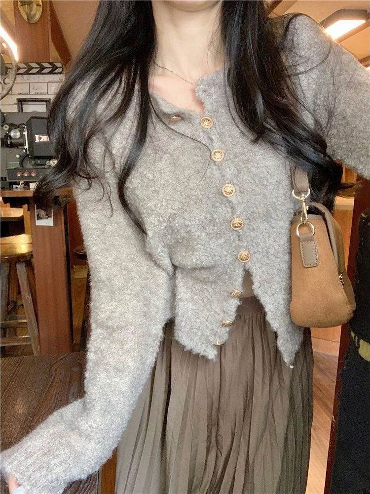 

Fashion Women Sweaters 2023 New Autumn Winter LOOSE Cropped Cardigan Thickening Versatile Coats Solid Long Sleeve Knitted Top