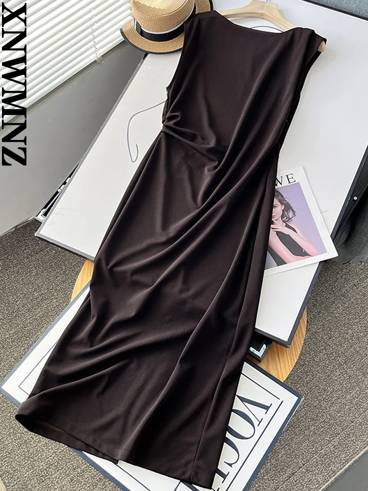 

XNWMNZ женское модное 2023 французское винтажное миди-платье, женские простые плиссированные облегающие платья с коротким рукавом и разрезом сзади